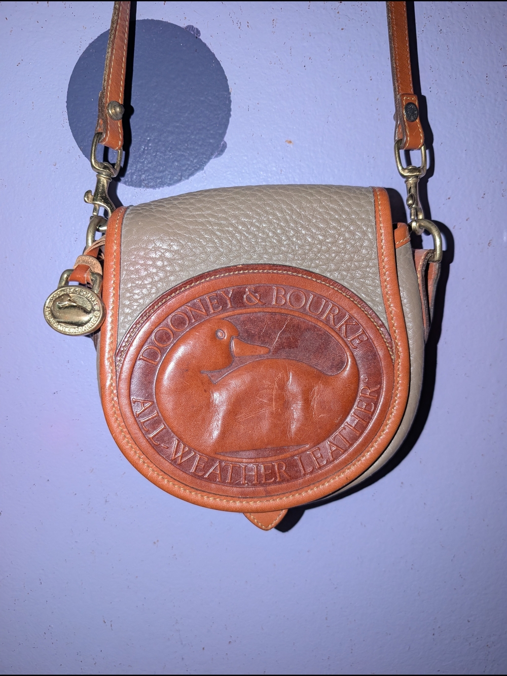 Dooney & Bourke Large Duck Tan  Cream Leather Crossbody Bag